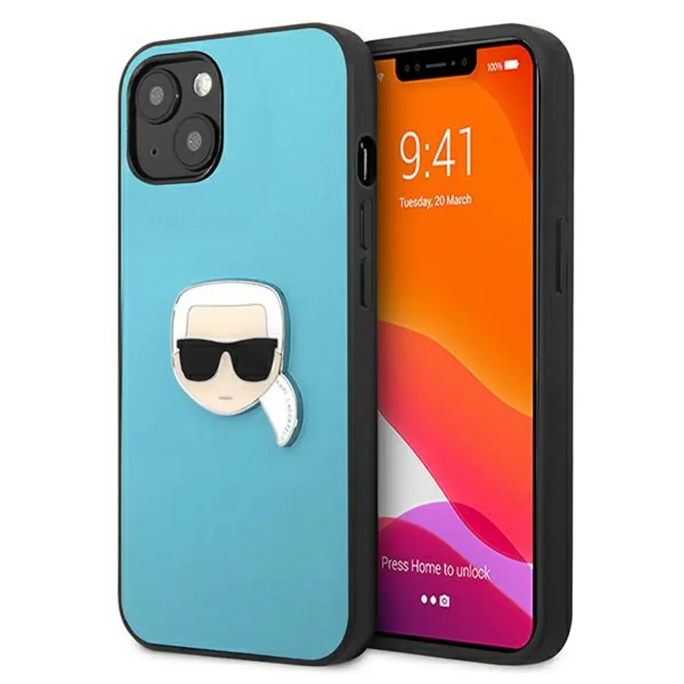 ⁨Karl Lagerfeld KLHCP13SPKMB iPhone 13 mini 5,4" blue/blue hardcase Leather Ikonik Karl's Head Metal⁩ at Wasserman.eu