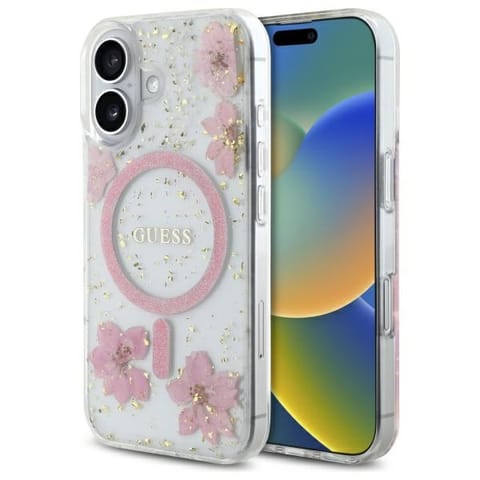 ⁨Guess GUHMP16SRBFGFGMP iPhone 16 6.1"     różowy/pink hardcase Resin Flower Glitter MagSafe⁩ w sklepie Wasserman.eu