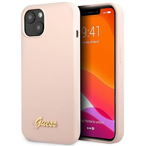 ⁨Guess GUHCP13MLSLMGLP iPhone 13 / 14 /  15 6.1" jasnoróżowy/light pink hardcase Silicone Script Gold Logo⁩ w sklepie Wasserman.eu