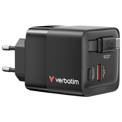⁨Verbatim Ładowarka sieciowa GaN 65W       2xUSB-C/USB-A + Adapter EU/UK/US czarny/black 32217⁩ w sklepie Wasserman.eu