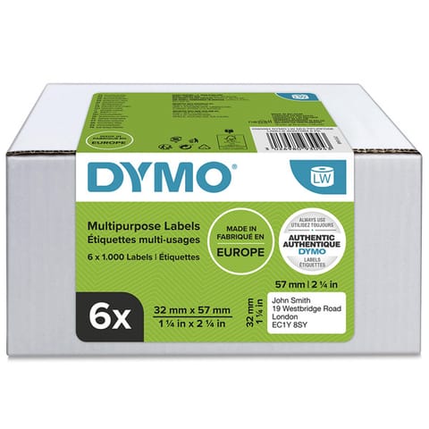 ⁨Dymo etykiety papierowe 57mm x 32mm, białe, uniwersalne, usuwalne, 6 x 1000 szt., 2093094, op. 6 rolek, cena za 1 szt⁩ w sklepie Wasserman.eu