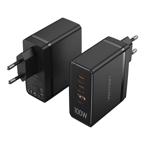 ⁨Ładowarka sieciowa Vention FEGB0-EU 2xUSB-C 1xUSB-A 100W/100W/30W GaN (czarna)⁩ w sklepie Wasserman.eu