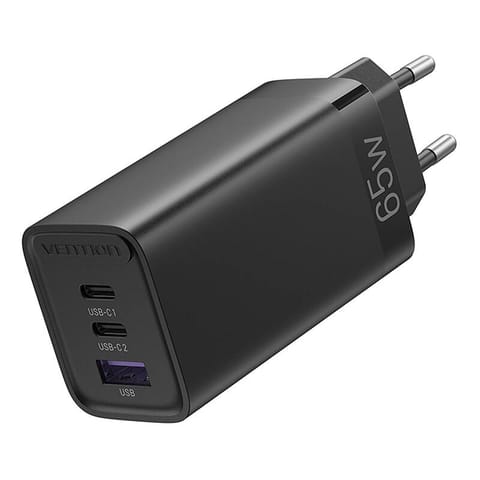 ⁨Ładowarka sieciowa Vention FEDB0-EU 2xUSB-C 1xUSB-A 65W/30W/30W GaN (czarna)⁩ w sklepie Wasserman.eu