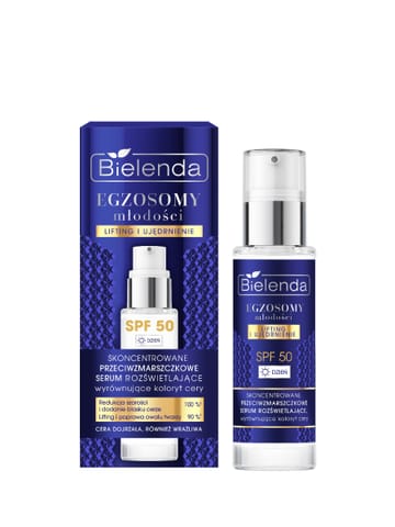 ⁨BIELENDA Egzosomy Młodości Skoncentrowane przeciwzmarszczkowe serum rozświetlające, wyrównujące koloryt cery SPF 50 na dzień 30 ml⁩ w sklepie Wasserman.eu