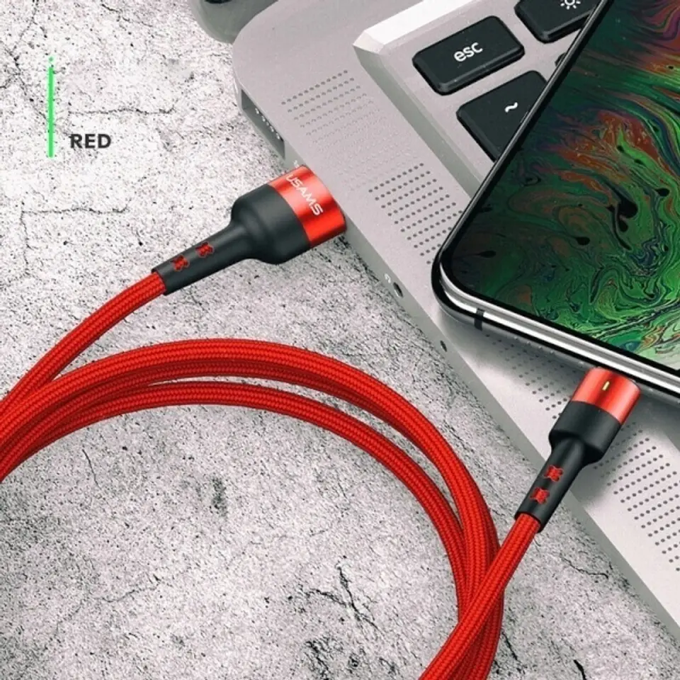 ⁨USAMS Kabel pleciony U26 lightning 1m 1szt. for set 2A Fast Charging czerwony/red SJ311IP02 (US-SJ311)⁩ w sklepie Wasserman.eu