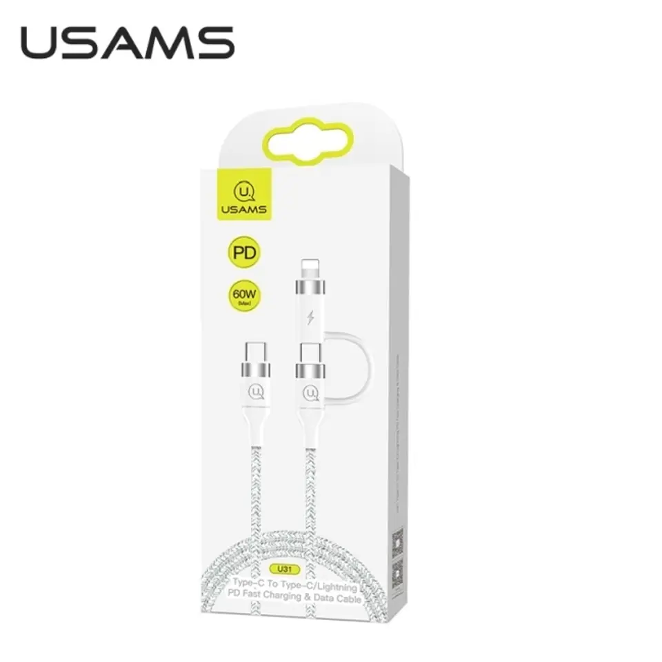 ⁨USAMS Kabel pleciony U31 USB-C na USB-C /lightning 60W PD Fast Charge biały/white SJ403USB02 (US-SJ403)⁩ w sklepie Wasserman.eu