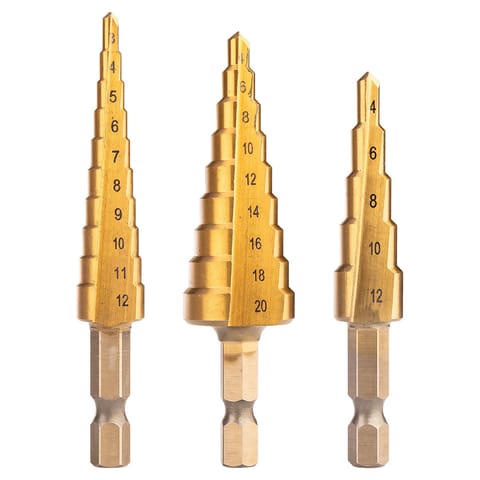 ⁨Zestaw wierteł stopniowych HSS TiN, 3-20 mm, Hex, 3 szt.⁩ w sklepie Wasserman.eu