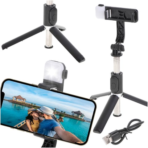 ⁨Kijek do selfie lampka LED statyw tripod czarny⁩ w sklepie Wasserman.eu