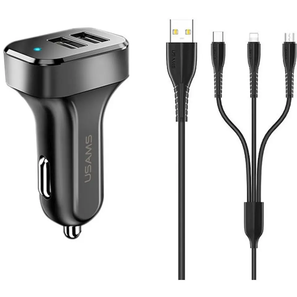 ⁨USAMS Order. alone. 2xUSB C13 2,1A 3in1 (microUSB/USB-C/lightning) black/black NTU35YTSC13TZ⁩ at Wasserman.eu