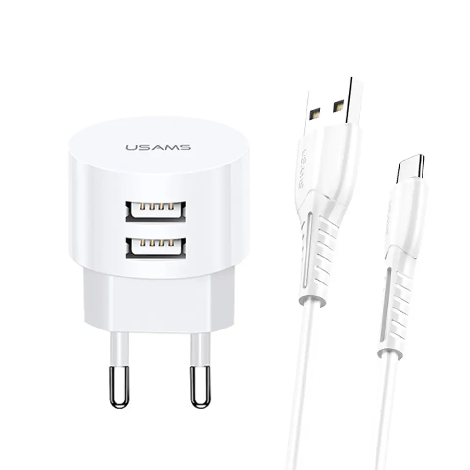 ⁨USAMS Ład. siec. 2xUSB T20 2,1A microUSB biały/white round Fast Charging XTXLOGT18MC05⁩ w sklepie Wasserman.eu
