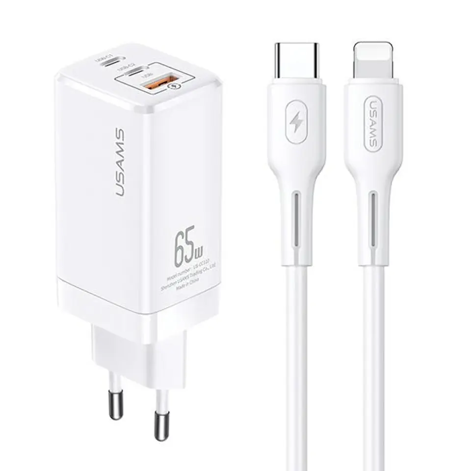 ⁨USAMS Ład. siec. MT 2xUSB-C+USB GaN 65W T33 PD + kabel USB-C-Lightning 30W Fast Charging biały/white MTXLOGTL02⁩ w sklepie Wasserman.eu