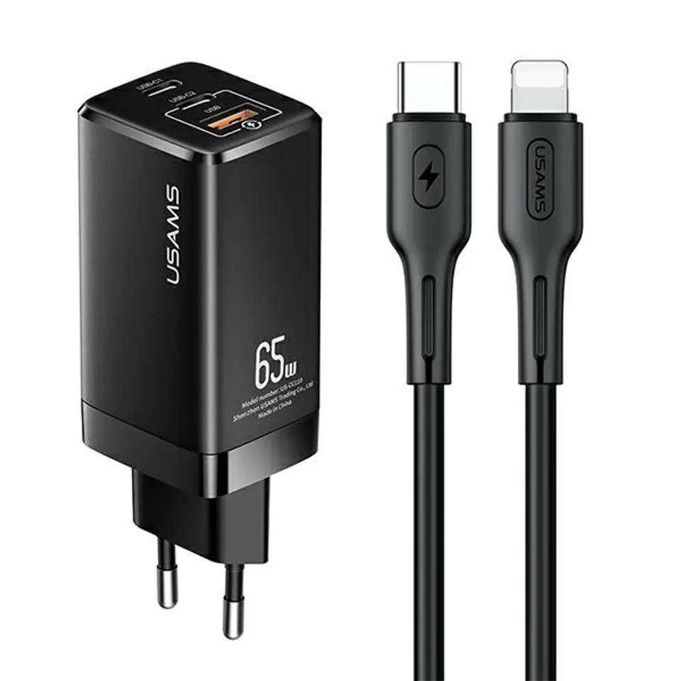 ⁨USAMS Ład. siec. MT 2xUSB-C+USB GaN 65W T33 PD + kabel USB-C-Lightning 30W Fast Charging czarny/black MTXLOGTL01⁩ w sklepie Wasserman.eu