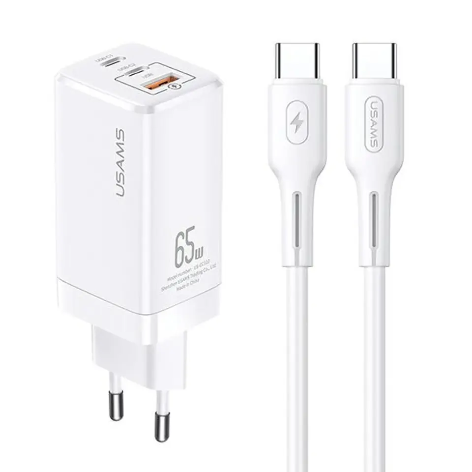 ⁨USAMS Ład. siec. MT 2xUSB-C+USB GaN 65W T33 PD + kabel USB-C-USB-C 100W Fast Charging biały/white MTXLOGTC02⁩ w sklepie Wasserman.eu