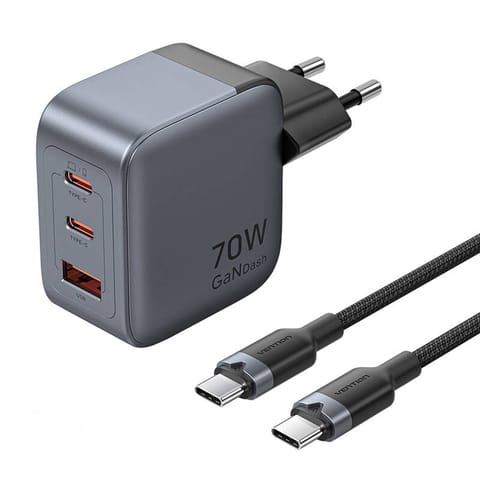 ⁨Ładowarka GaN Vention USB-C+C+A 70W + Kabel USB-C-C 1m (Szara)⁩ w sklepie Wasserman.eu