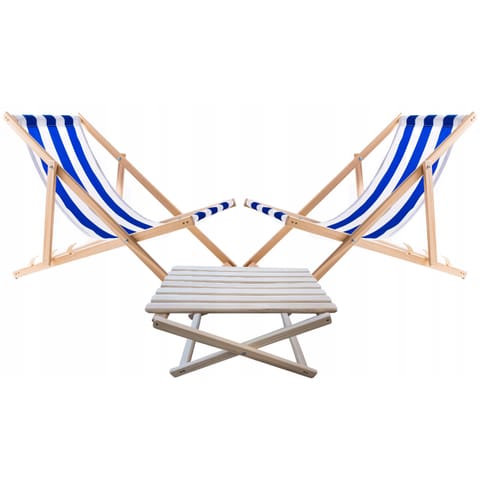⁨Zestaw stolik do lezaków +2 lezaki Niebieskie pasy, WOODOK⁩ w sklepie Wasserman.eu