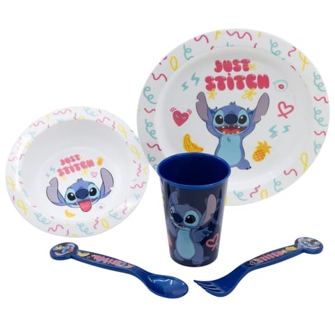 ⁨Disney Stitch - Zestaw naczyń do mikrofali 5 szt. z kolekcji Palms (talerz, miska, kubeczek, widelec, łyżeczka)⁩ w sklepie Wasserman.eu