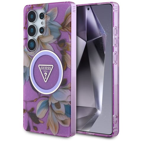 ⁨Etui Guess Glitter Flowers Triangle Buttons MagSafe do Samsung Galaxy S25 Ultra fioletowy⁩ w sklepie Wasserman.eu