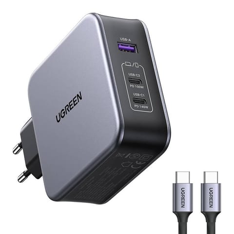 ⁨Ładowarka sieciowa Ugreen Nexode 140W C289, GaN, 2x USB-C, USB (czarna) + kabel USB-C 2m⁩ w sklepie Wasserman.eu