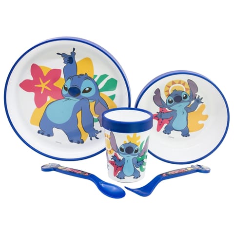 ⁨Disney Stitch - Antypoślizgowy zestaw naczyń do mikrofali 5 szt. (talerz, miska, kubeczek, widelec, łyżeczka)⁩ w sklepie Wasserman.eu