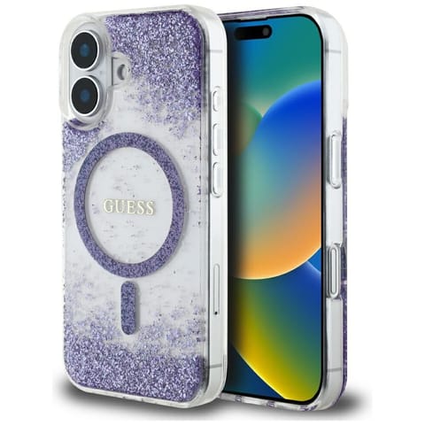 ⁨Etui Guess HC Resin Bottom Glitter doiPhone 16 MagSafe fioletowy⁩ w sklepie Wasserman.eu