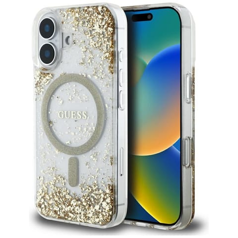 ⁨Etui Guess HC Resin Bottom Glitter do    iPhone 16 MagSafe złoty⁩ w sklepie Wasserman.eu