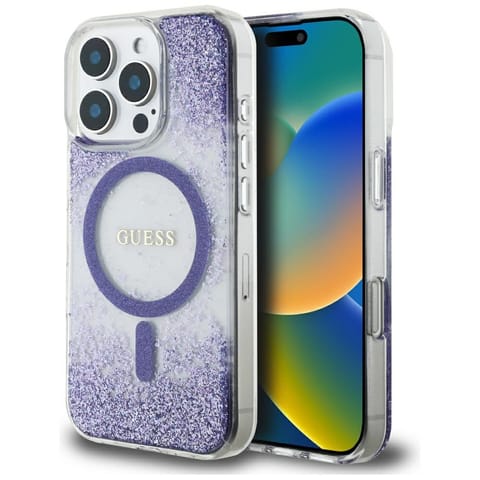 ⁨Etui Guess HC Resin Bottom Glitter do    iPhone 16 Pro MagSafe fioletowy⁩ w sklepie Wasserman.eu