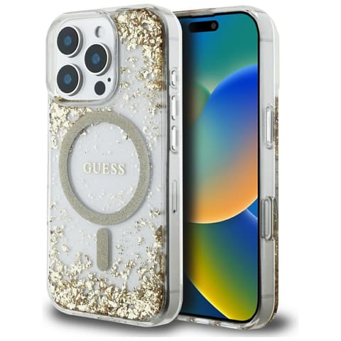 ⁨Etui Guess HC Resin Bottom Glitter do    iPhone 16 Pro MagSafe złoty⁩ w sklepie Wasserman.eu