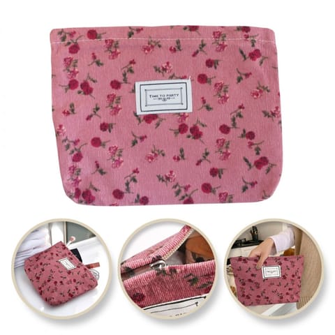 ⁨Kosmetyczka jednokomorowa różowa w czerwone kwiatuszki 25 x 5 x18 cm KS118⁩ w sklepie Wasserman.eu