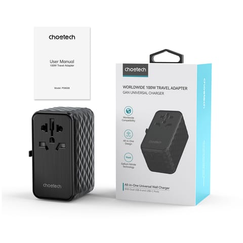 ⁨Adapter ładowarka podróżna EU / US / AUS / UK 2x USB-C 2x USB-A 100W - czarny⁩ w sklepie Wasserman.eu