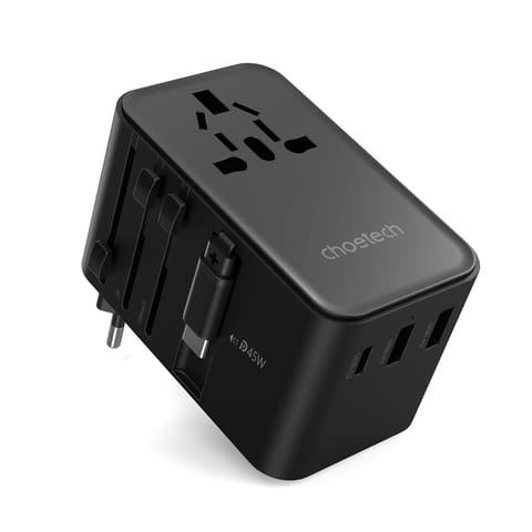 Adapter ładowarka podróżna 45W EU / US / AUS / UK z wbudowanym kablem USB-C - czarny w sklepie Wasserman.eu