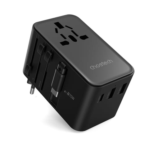 ⁨Adapter ładowarka podróżna 70W EU / US / AUS / UK z wbudowanym kablem USB-C - czarny⁩ w sklepie Wasserman.eu