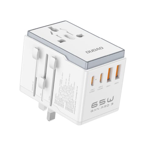 ⁨Uniwersalana ładowarka adapter podróżny 65W EU / US / JP / AUS / UK 2x USB-C 2x USB-A - biały⁩ w sklepie Wasserman.eu