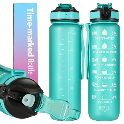 ⁨Butelka na wodę bidon ze słomką uchwytem miarką motywacyjną na siłownię BPA free Tritan 1l zielona⁩ w sklepie Wasserman.eu