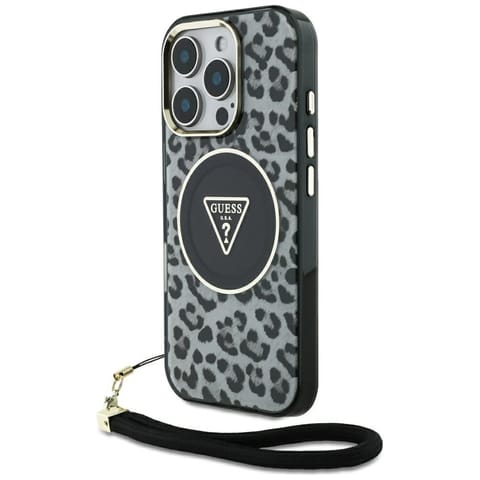 ⁨Etui Guess HC IML Leopard Triangle Cord  Strap do iPhone 16 Pro Max MagSafe czarny⁩ w sklepie Wasserman.eu