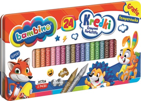 ⁨Kredki BAMBINO 24 kolory metalowe pudełko + temperówka ZWIERZAKI UCZNIAKI⁩ w sklepie Wasserman.eu