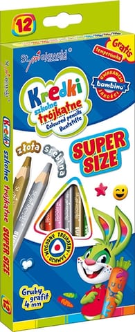 ⁨Kredki szkolne trójkątne SUPER SIZE 12 kolorów + temperówka ZWIERZAKI UCZNIAKI⁩ w sklepie Wasserman.eu