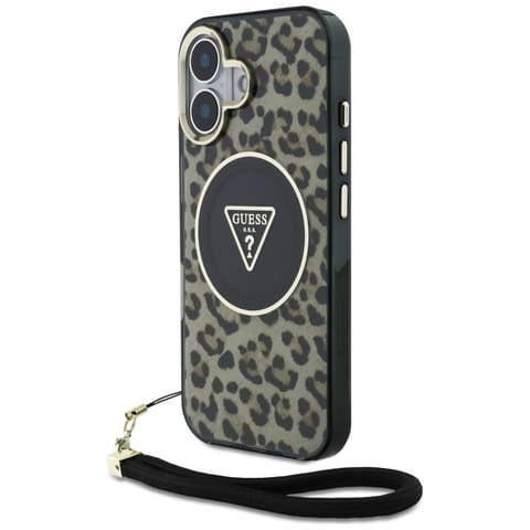 ⁨Etui Guess HC IML Leopard Triangle Cord  Strap do iPhone 16 MagSafe brązowy⁩ w sklepie Wasserman.eu