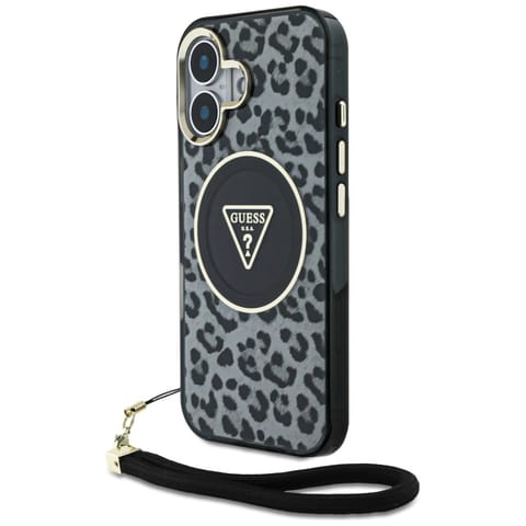 ⁨Etui Guess HC IML Leopard Triangle Cord  Strap do iPhone 16 MagSafe czarny⁩ w sklepie Wasserman.eu