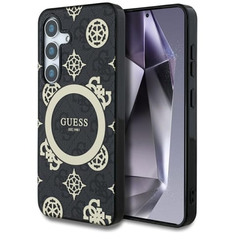 ⁨Etui Guess 4G Background Gold Electroplated Peony Pattern MagSafe do Samsung Galaxy S25 czarny⁩ w sklepie Wasserman.eu