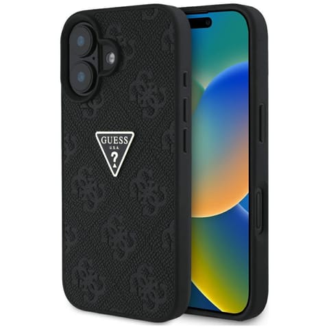 ⁨Etui Guess Hot Stamp 4G Pattern Triangle Metal Logo do iPhone 16 czarny⁩ w sklepie Wasserman.eu
