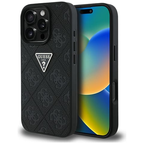 ⁨Etui Guess Hot Stamp 4G Pattern Triangle Metal Logo do iPhone 16 Pro czarny⁩ w sklepie Wasserman.eu