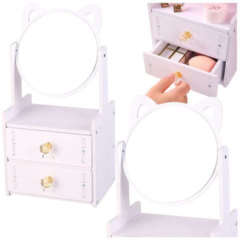 ⁨Mini Toaletka Lusterko Do Makijażu Dwie Szuflady Uszy Drewniana Biała⁩ w sklepie Wasserman.eu