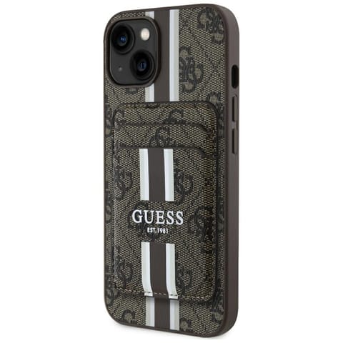 ⁨Etui Guess 4G Stripes z portfelem        Magsafe do iPhone 15 brązowy⁩ w sklepie Wasserman.eu