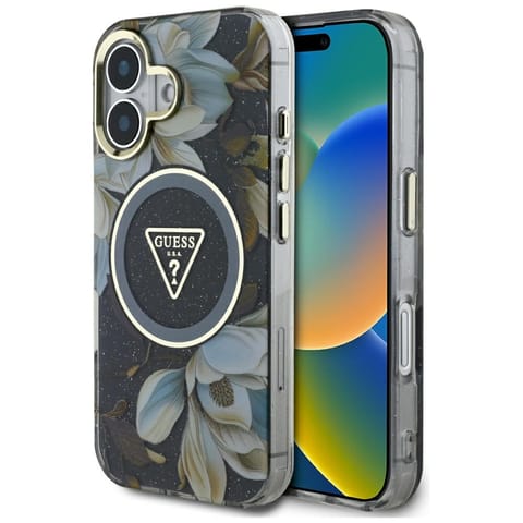 ⁨Etui Guess Glitter Flowers Triangle      Buttons MagSafe do iPhone 16 czarny⁩ w sklepie Wasserman.eu