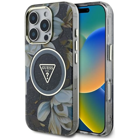 ⁨Etui Guess Glitter Flowers Triangle      Buttons MagSafe do iPhone 16 Pro czarny⁩ w sklepie Wasserman.eu