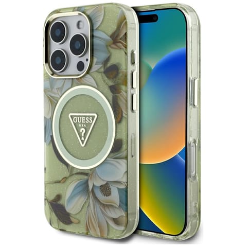 ⁨Etui Guess Glitter Flowers Triangle      Buttons MagSafe do iPhone 16 Pro zielony⁩ w sklepie Wasserman.eu