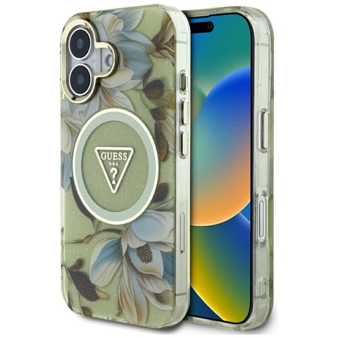 ⁨Etui Guess Glitter Flowers Triangle      Buttons MagSafe do iPhone 16 zielony⁩ w sklepie Wasserman.eu
