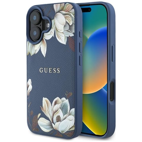 ⁨Etui Guess Grained Printed Flower        Pattern MagSafe do iPhone 16 niebieski⁩ w sklepie Wasserman.eu