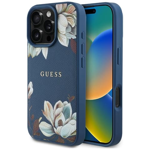 ⁨Etui Guess Grained Printed Flower        Pattern MagSafe do iPhone 16 Pro Max niebieski⁩ w sklepie Wasserman.eu