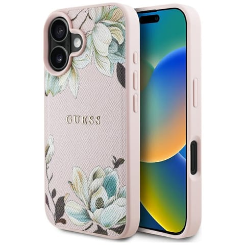 ⁨Etui Guess Grained Printed Flower        Pattern MagSafe do iPhone 16 różowy⁩ w sklepie Wasserman.eu